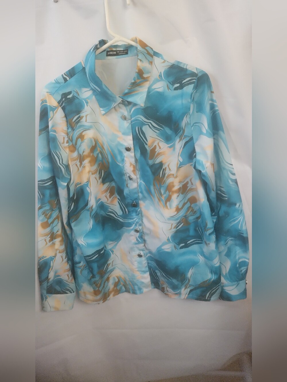 SHEIN Teal & Gold Marble Print Button-Down Shirt